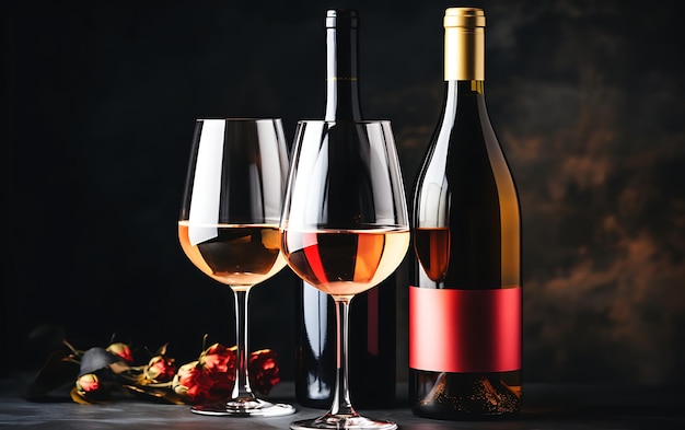 Flatlay de rosa roja y vino blanco en copas
