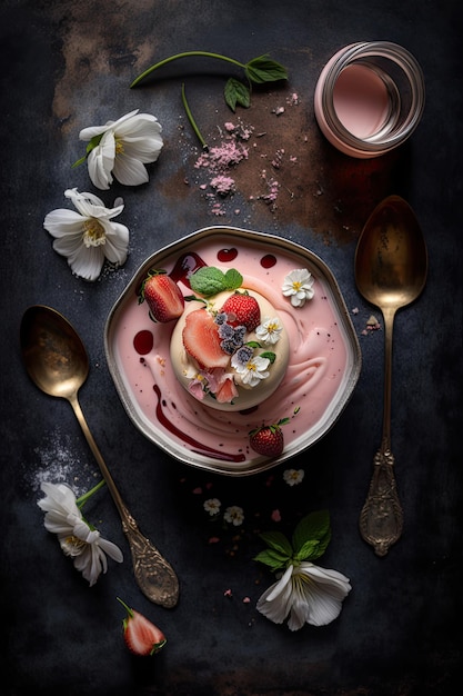 Flatlay Rose Panna Cotta mit Erdbeerkompott Illustration AI Generative