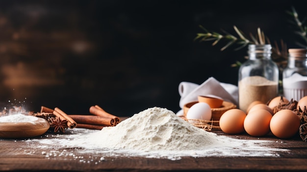 Flatlay-Sammlung von Werkzeugen und Zutaten für das Backen zu Hause auf einem dunklen Holztisch mit Mehlkopierraum in der Mitte, aufgenommen von oben. Hochwertiges Foto