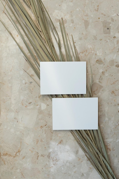 Flatlay von leeren Papierkarten trockener Palmblattstamm auf Marmorhintergrund Geschäftsvorlage Top-View Flatlay minimalistisches ästhetisches Luxus-Bohemien-Geschäftsbranding-Konzept