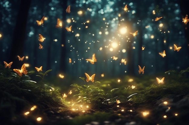 Flatternde Glühwürmchen und Schmetterlinge fliegen im nächtlichen Fantasy-Zauberwald. Märchenkonzept