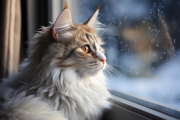 Flauschige erwachsene Katze sitzt auf der Fensterbank und schaut durch das Fenster auf verschneite Bäume. Schöner sonniger Wintertag