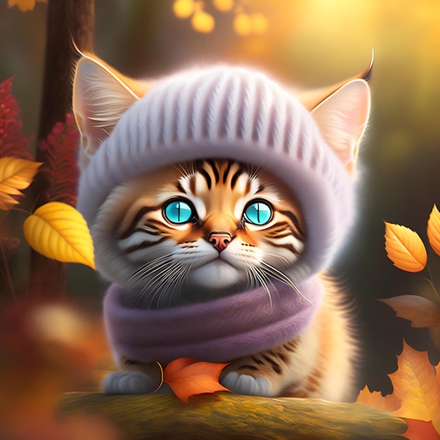 flauschige fotorealistische Katze mit Schal und Mütze in einem magischen Herbstwald, 3D-Illustration