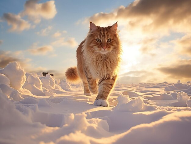 Flauschige Hauskatze mit niedlichem Gesicht am schneebedeckten Himmel