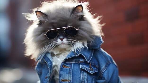 Foto flauschige katze, gekleidet in coolen jeansstilen