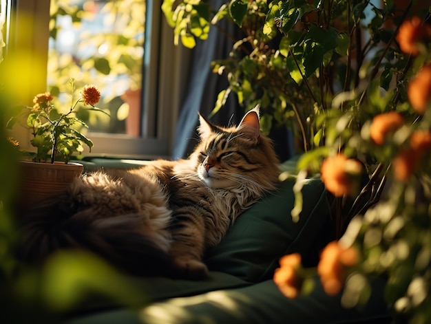 Flauschige Katze liegt auf dem Gras auf einem verschwommenen Hintergrund Generative KI