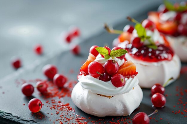 Flauschige Pavlovas mit Schlagsahne und saisonalen Früchten