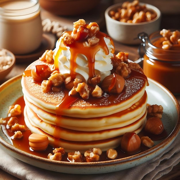 Flauschige Pfannkuchen mit selbstgemachtem Karamell und einem knusprigen Toffee-Nuss-Topping