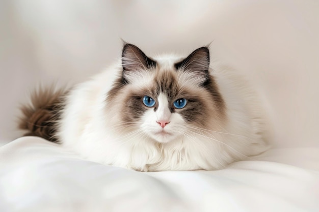 Flauschige Ragdoll-Katze mit blauen Augen sitzt auf einem hellen Hintergrund