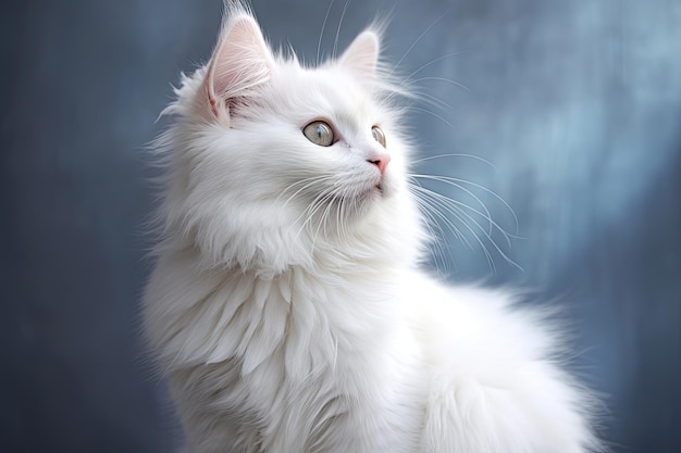 Flauschige weiße Katze mit süßer Schnauze und süßer Pfote. Entzückendes Kätzchen mit verspieltem Schwanz
