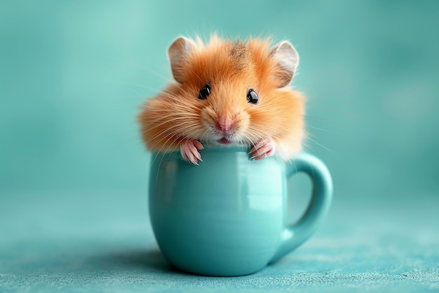 Flauschiger brauner Hamster in einem Becher auf blauem Hintergrund in Nahaufnahme und Frontansicht