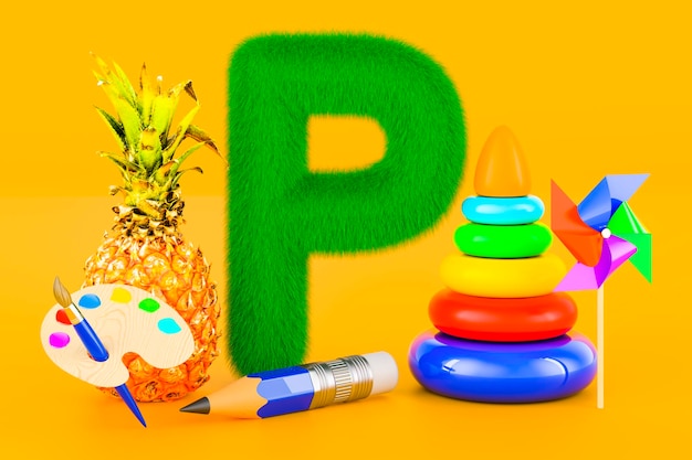Flauschiger Buchstabe P mit Bleistift Windrad Pyramide Spielzeug Pinsel Ananas 3D-Rendering