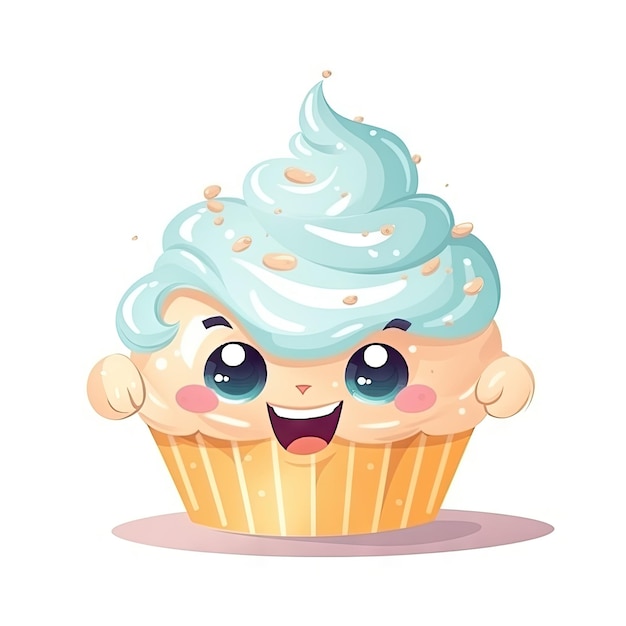 Flauschiger Cartoon-Cupcake mit schaumigem Lächeln und süßen, freundlichen Augen