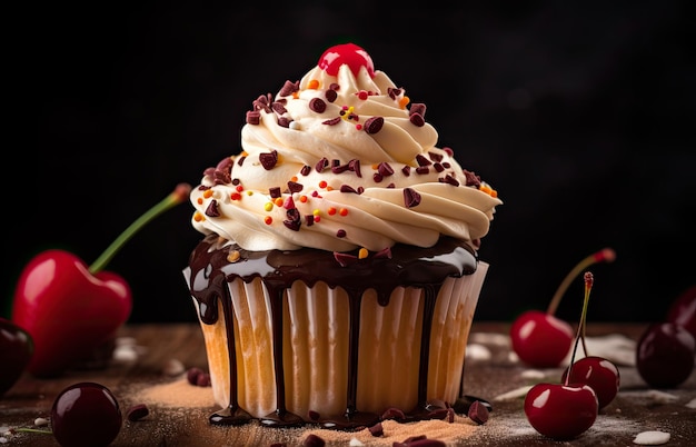 Flauschiger Cupcake mit bunter Glasur und Kirschen-Generativ-IA