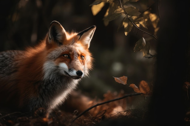 Flauschiger Fuchs lauert im Wald, wilde Gelassenheit, generative IA