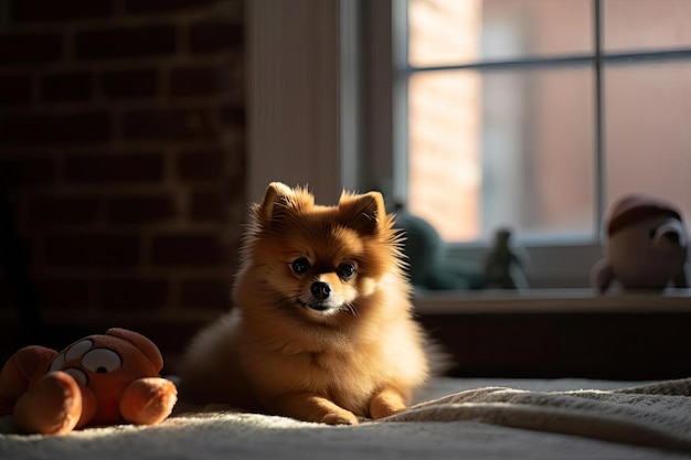 Flauschiger pommerscher Hund mit verspieltem Blick