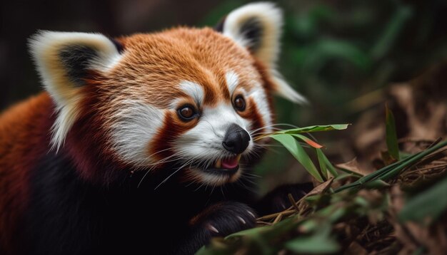 Flauschiger roter Panda blickt in die von KI erzeugte Kamera im Freien