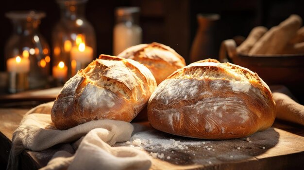 Flauschiges Brot mit weißem Zucker auf einem Holztisch mit verschwommenem Hintergrund