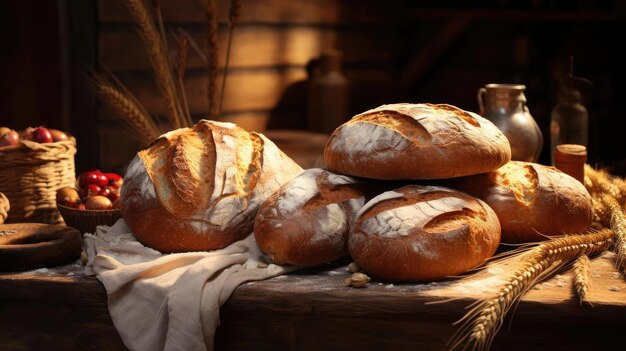 Flauschiges Brot mit weißem Zucker bestreut auf einem Holztisch mit verschwommenem Hintergrund