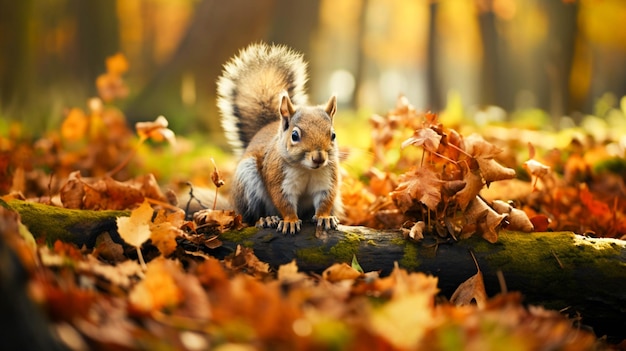 Flauschiges graues Eichhörnchen sitzt im Herbst auf einem Ast und frisst Gras