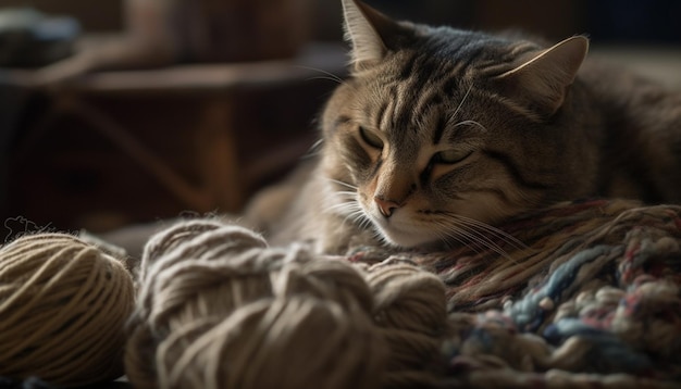 Flauschiges Kätzchen ruht auf einem bequemen Wollkissen, verspielt und niedlich, generiert durch künstliche Intelligenz