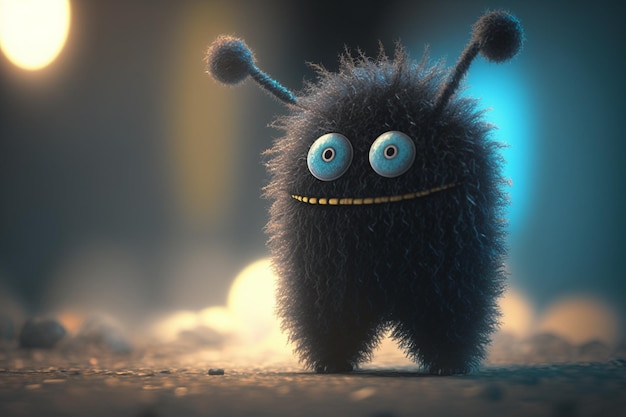 Flauschiges Kohlenmonster mit Cartoon-Augen, das Spaß hat