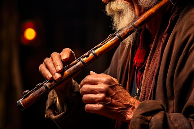 Foto flauta artesanal construindo uma velha flauta de cinco dedos para música tocada por um flautista inválido