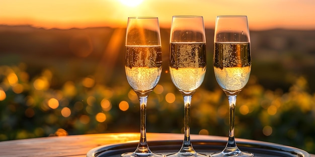 Las flautas de champaña descansando en una mesa contra un telón de fondo dorado de puesta de sol Concepto Flautas de Champaña Establecimiento de la mesa Celebración de la puesta de sol dorada Decoración elegante