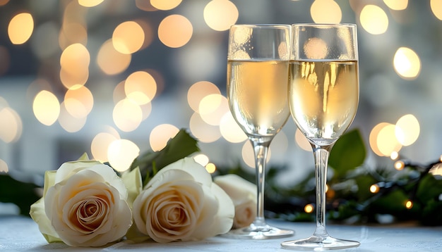 flautas de champanhe e rosas brancas em decoração de mesa de férias brancas com fundo de natureza de dia ensolarado bokeh