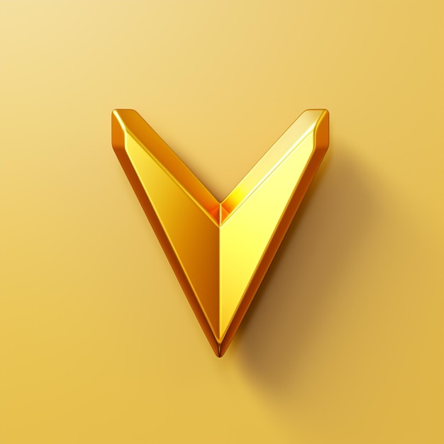 Flecha amarilla 3d apuntando hacia abajo con oro brillante al estilo de vray que traza texturas multicapa en superficies ricas en texturas