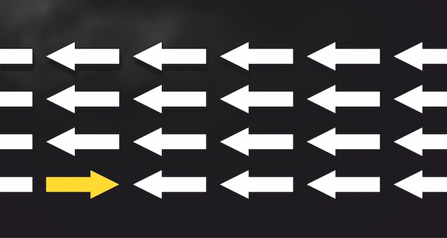 Foto flecha amarilla cambiando de dirección pensar de manera diferente concepto de representación 3d