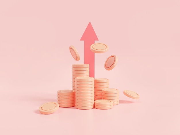 Flecha hacia arriba roja y pilas de monedas sobre fondo rosa Crecimiento económico Éxito financiero negocio dinero inversión moneda en efectivo Crecimiento de dinero concepto 3d icono render ilustración dibujos animados mínimo