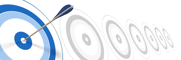 Foto flecha azul que golpea el centro del objetivo azul con objetivos grises en el fondo