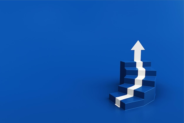 Flecha blanca hacia arriba con escalera azul en el fondo del piso azul flecha 3D subiendo por una escalera escaleras 3D con flecha subiendo renderización 3D