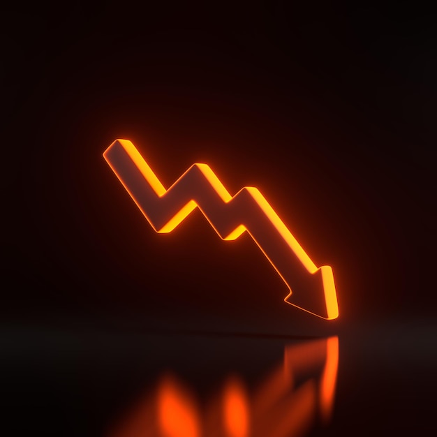 Flecha en crecimiento hacia abajo con luces de neón naranja futuristas brillantes sobre fondo negro renderización 3D