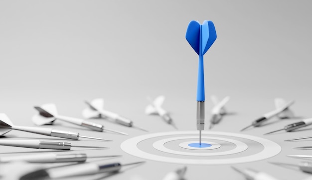 Flecha de dardo en el centro del tablero de dardo metáfora para apuntar el éxito concepto ganador ventaja competitiva concepto de marketing estratégico renderizado en 3D