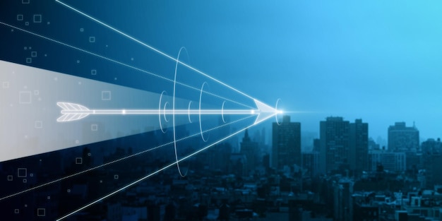 Flecha digital abstracta sobre fondo azul de la ciudad nocturna con lugar simulado para su anuncio Concepto de logro de objetivos y metas Doble exposición