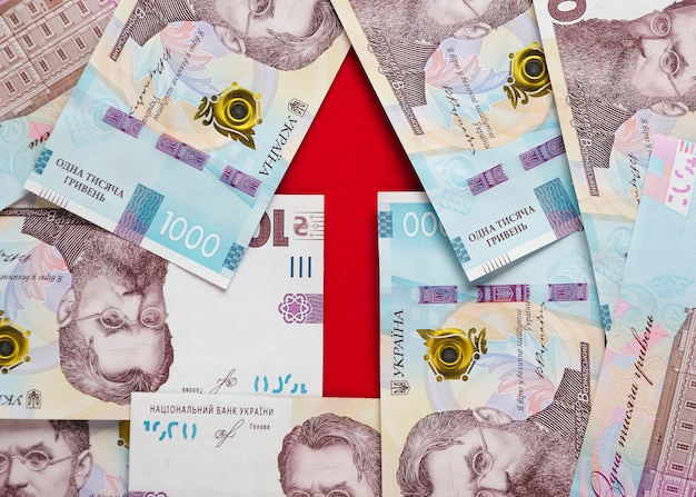 Una flecha forrada con billetes de euros y grivnias ucranianas