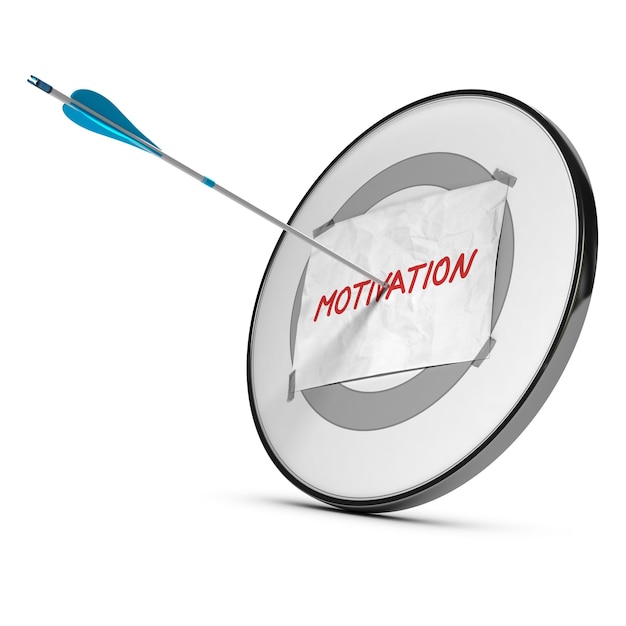 Una flecha golpea el centro de un objetivo con una hoja de papel con la palabra motivación escrita a mano, colores rojo, azul y gris sobre fondo blanco. Render 3D conceptual motivacional.