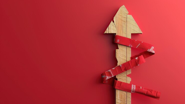 Flecha de madera envuelta en cinta roja que apunta hacia arriba sobre un fondo rojo