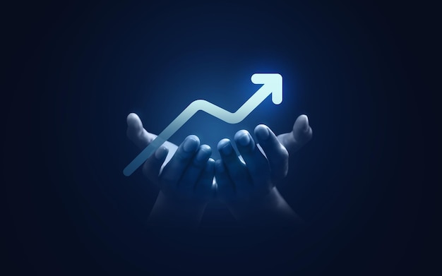 Flecha de mejora del crecimiento de la mano hacia arriba Fondo de ganancias comerciales de éxito del icono de diagrama de gráfico de logro de objetivo hacia adelante o aumento de dirección financiera Signo de gráfico de acciones y estrategia de desarrollo de motivación