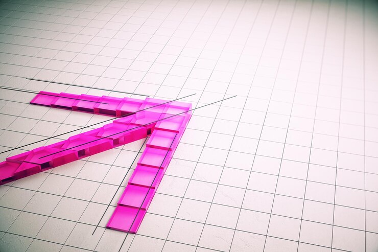Foto flecha de mosaico de rejilla rosa creativa sobre fondo concreto con líneas concepto de crecimiento y desarrollo representación 3d