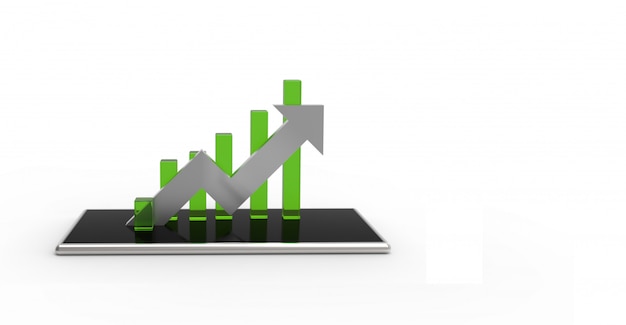 Flecha de plata y gráfico verde en teléfono móvil