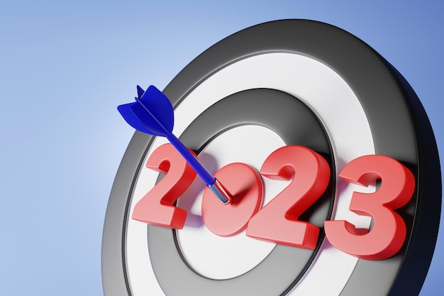 Flecha que golpea el centro de la diana sobre fondo azul objetivo éxito empresarial concepto nuevo año 2023