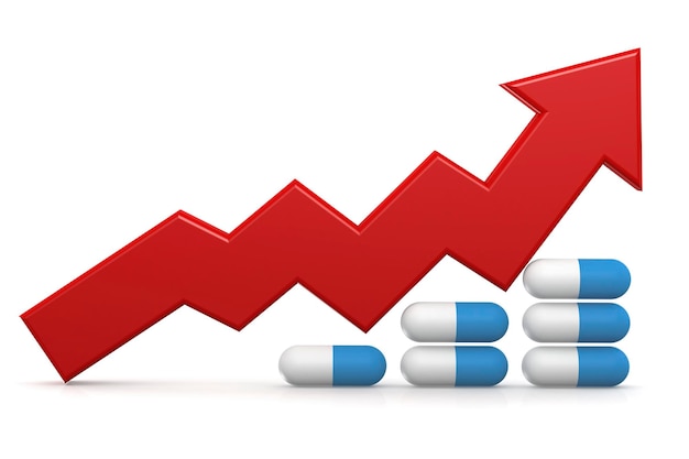 Flecha roja apuntando hacia arriba con pastillas médicas