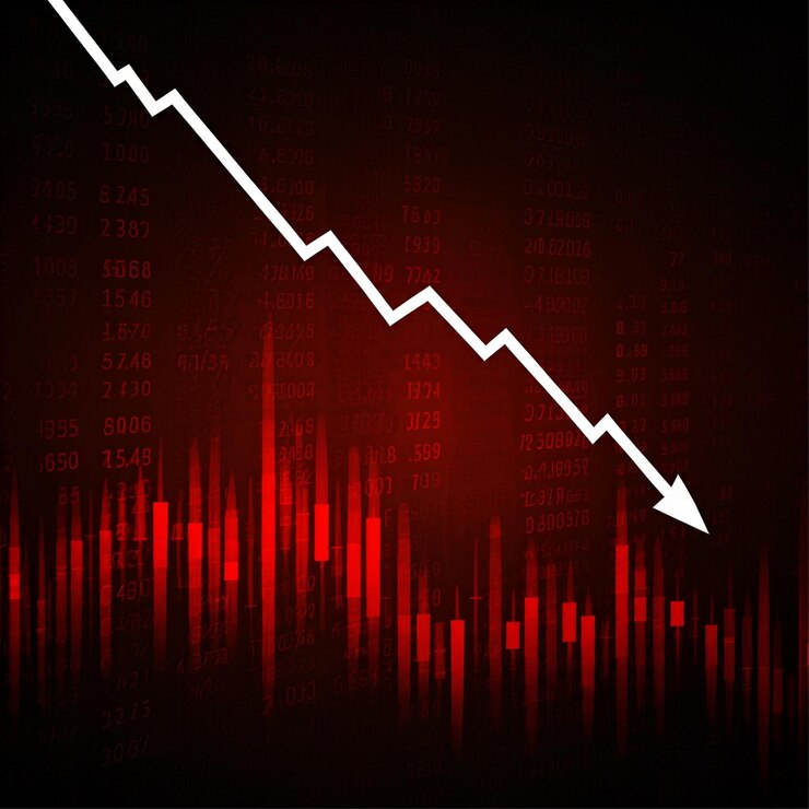 La flecha roja de caída de precios y el gráfico del mercado de valores