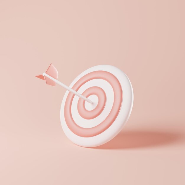 La flecha rosa de representación 3D golpeó perfectamente en el centro del tablero objetivo Objetivo empresarial Concepto de objetivo de la empresa