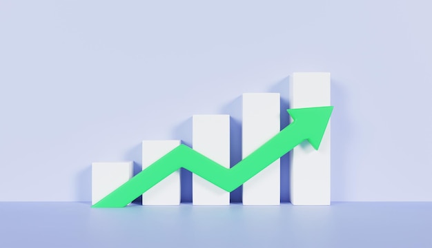 Flecha verde y gráfico de crecimiento de negocios en fondo de color pastel