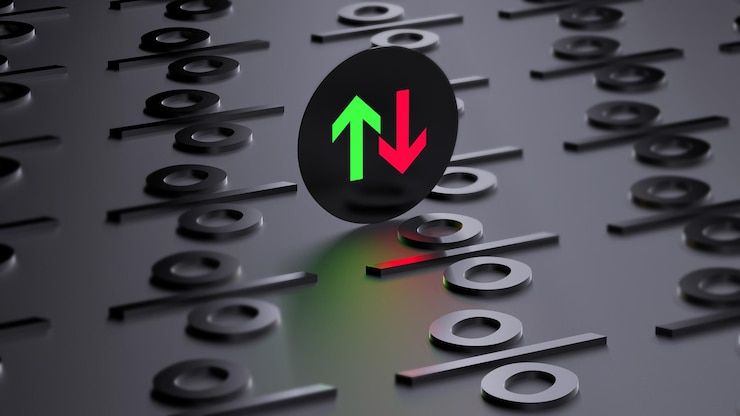 Foto flechas hacia arriba y hacia abajo y signos de porcentaje concepto financiero de regulación o tasa de valor ingresos beneficio nivel financiero 3d render
