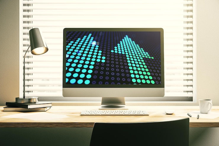 Foto las flechas hacia arriba abstractas creativas se esbozan en el moderno concepto de objetivo y objetivo del monitor portátil representación 3d